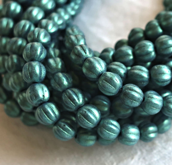 Fifty 5mm Czech glass melon beads, matte metallic light green suede pressed glass beads C9750 - Glorious Glass Beads