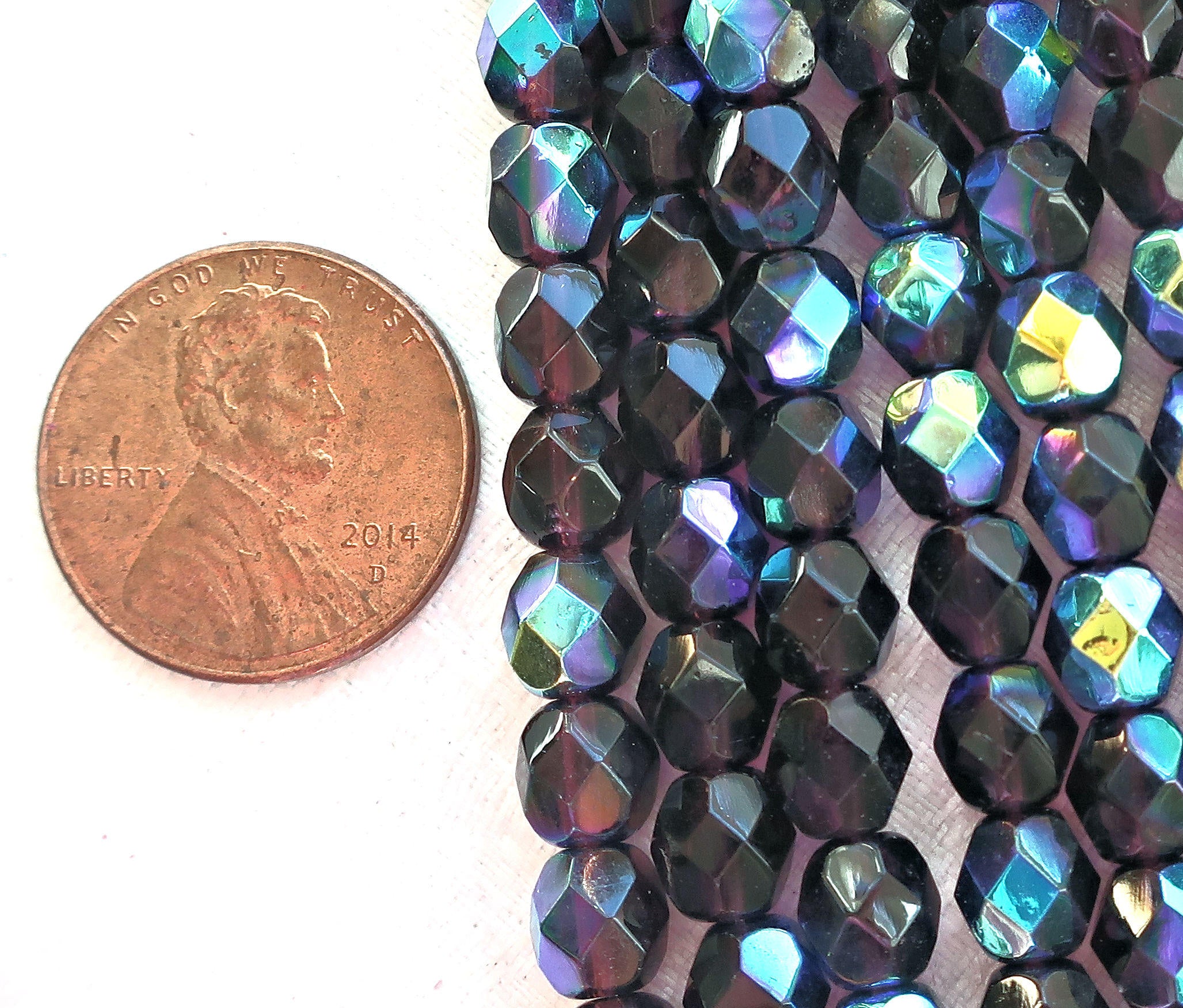 Lot of 25 6mm Dark Amethyst AB, purple, Czech glass firepolished faceted round beads C8401 - Glorious Glass Beads