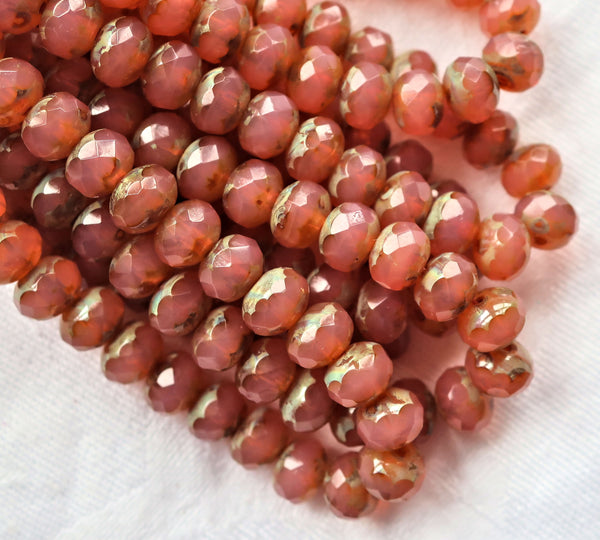 25 Czech glass faceted puffy rondelle beads - 5 x 7mm translucent salmon pink picasso rondelles 00201