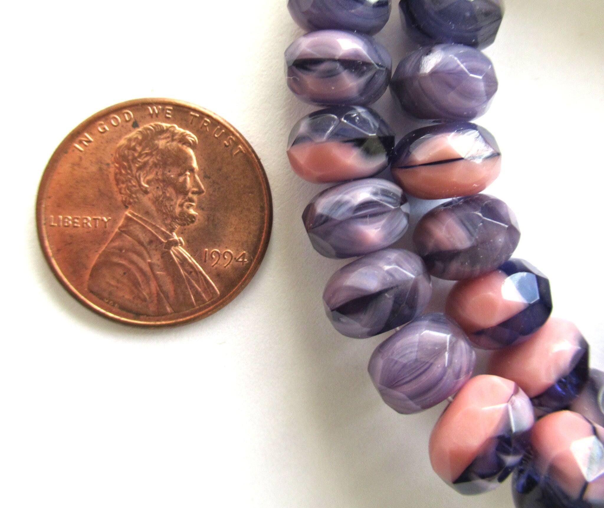 25 Czech glass puffy rondelle beads - 6 x 9mm, opaque amethyst / purple & pink color mix faceted rondelles, bronze picasso finish 00662