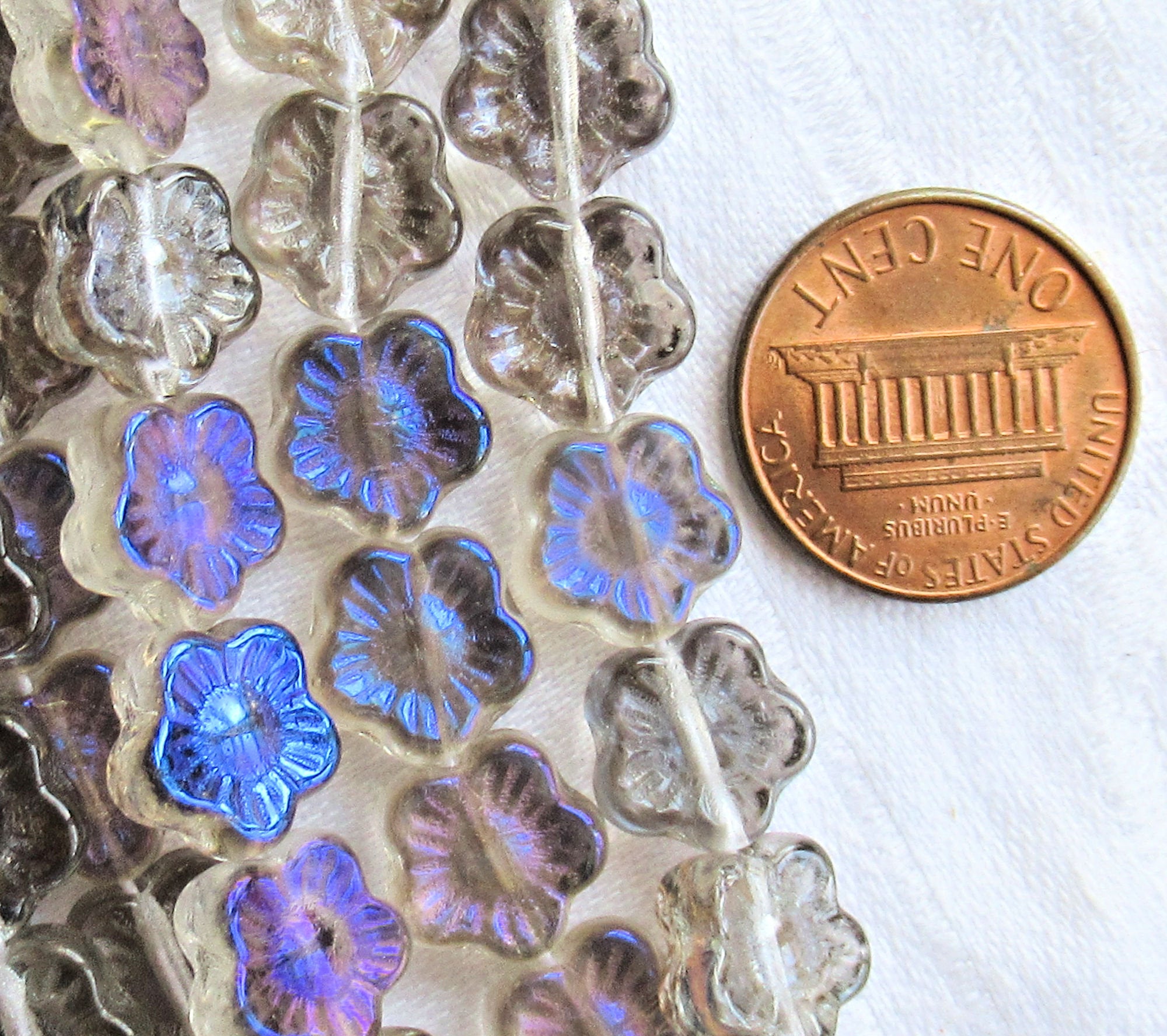 Lot of 25 10mm Crystal blue Iris luster Czech glass flower beads - pressed glass multicolor flower beads - C4801 - Glorious Glass Beads