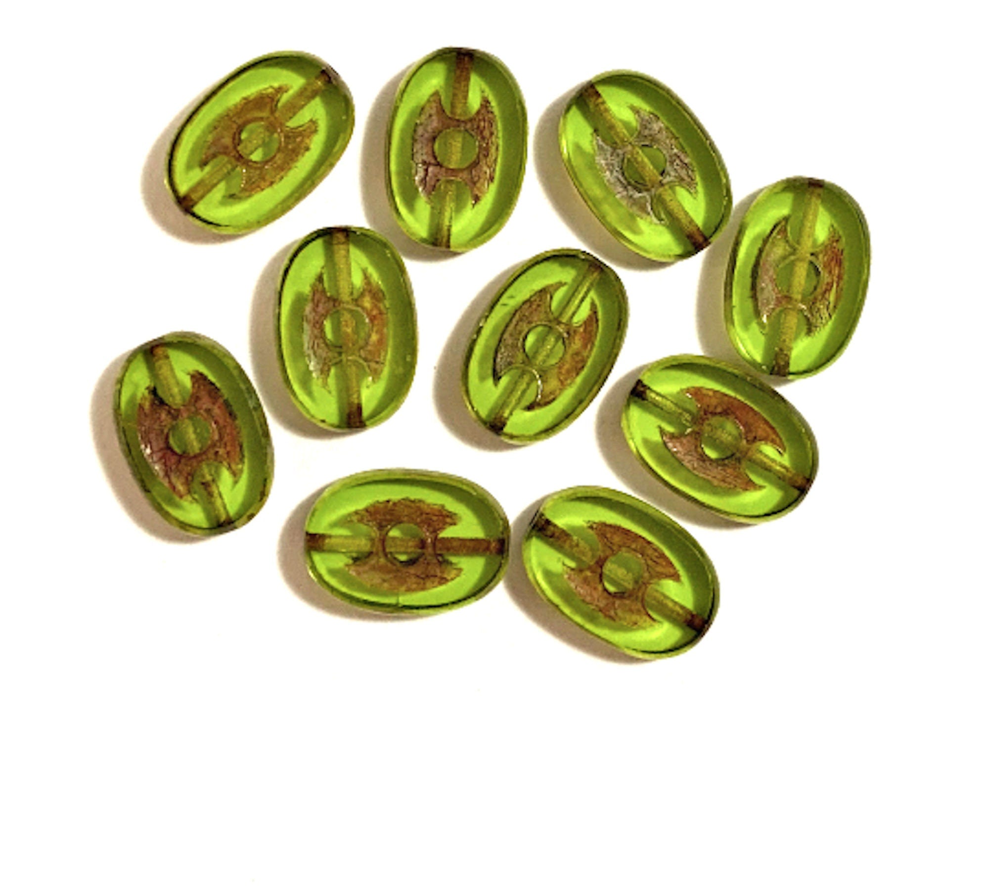 Ten 14 x 10mm rustic oval olivine or olive green picasso, table cut, Czech glass beads with dots front and back C0068