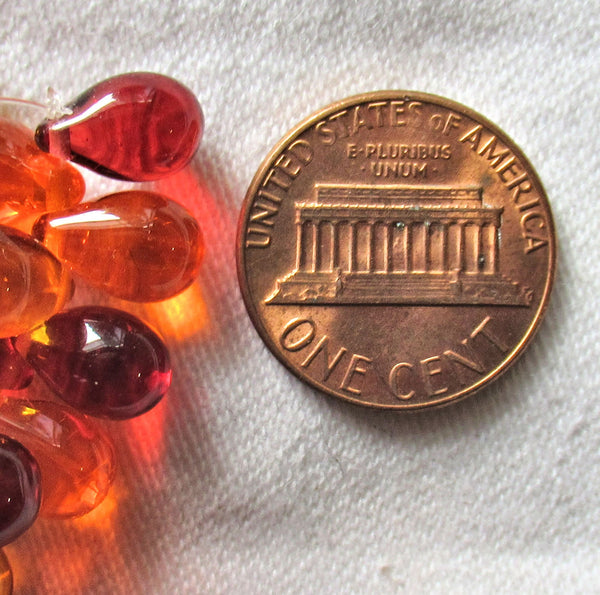Lot of 25 Czech glass drop beads - transparent mix of red, orange and amber - smooth fire opal like teardrop beads - 9 x 6mm C60101