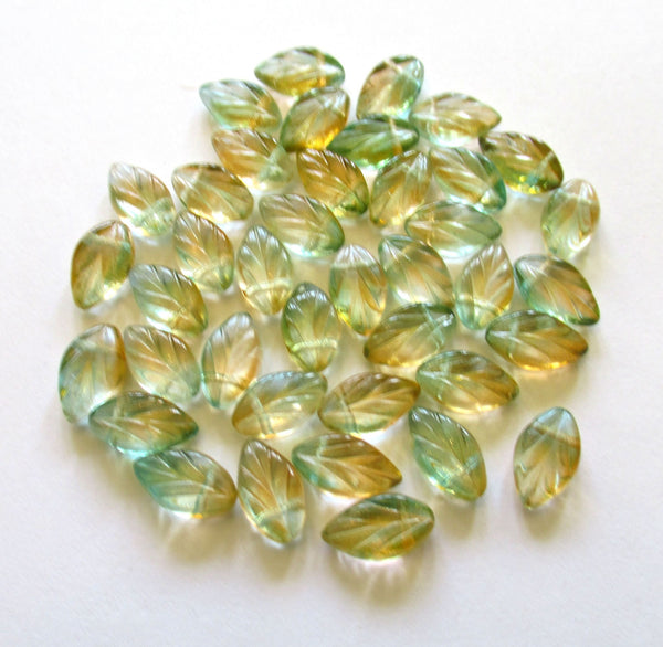 25 Czech glass beech leaf beads - side drilled 11 x 7mm transparent green & orange leaves - textured pressed glass beads - C00211