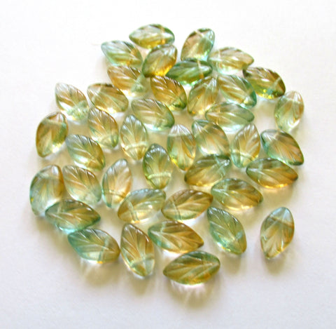 25 Czech glass beech leaf beads - side drilled 11 x 7mm transparent green & orange leaves - textured pressed glass beads - C00211