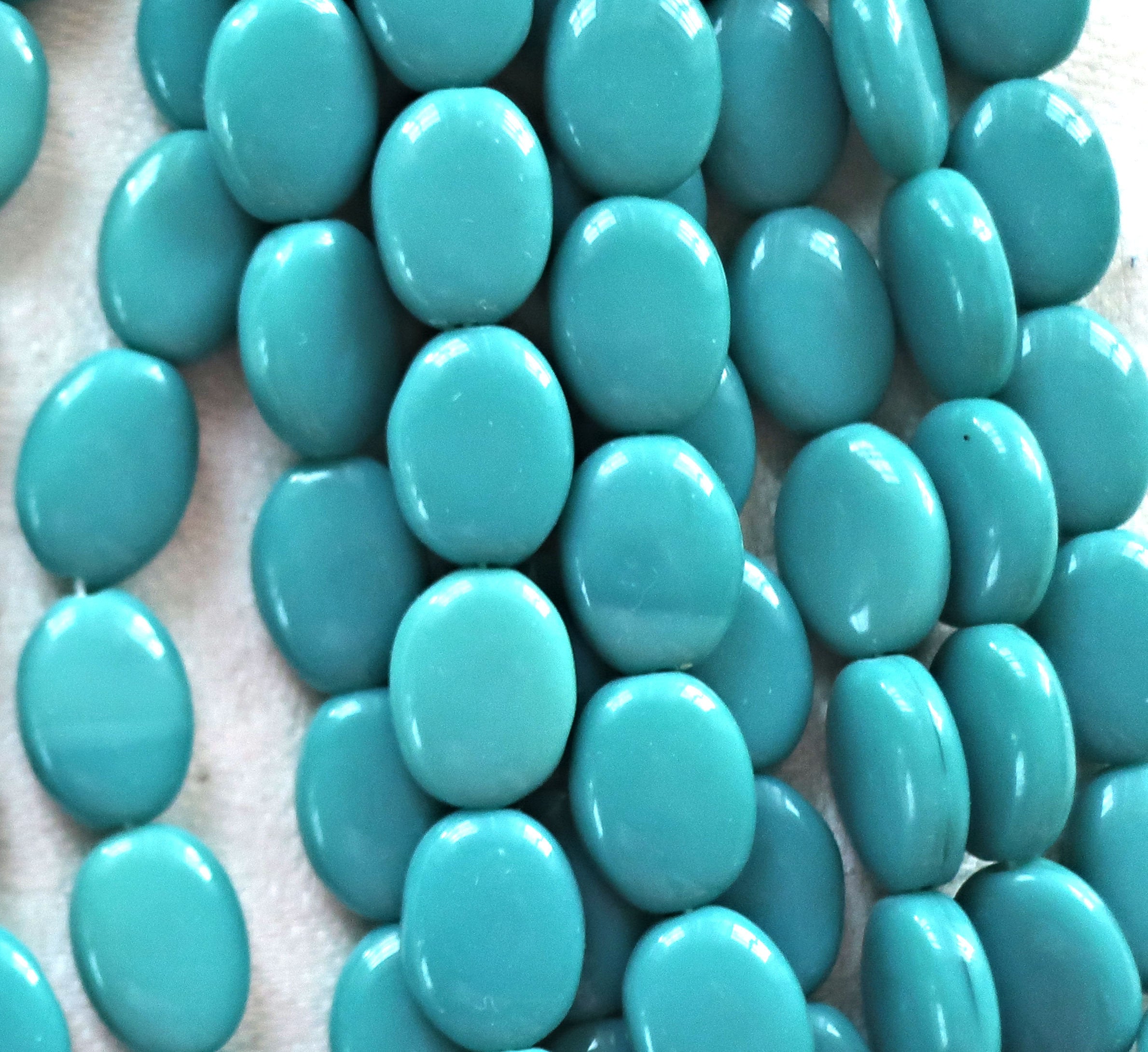 25 Opaque Turquoise Green flat oval Czech Glass beads, 12mm x 9mm pressed glass beads C41125 - Glorious Glass Beads