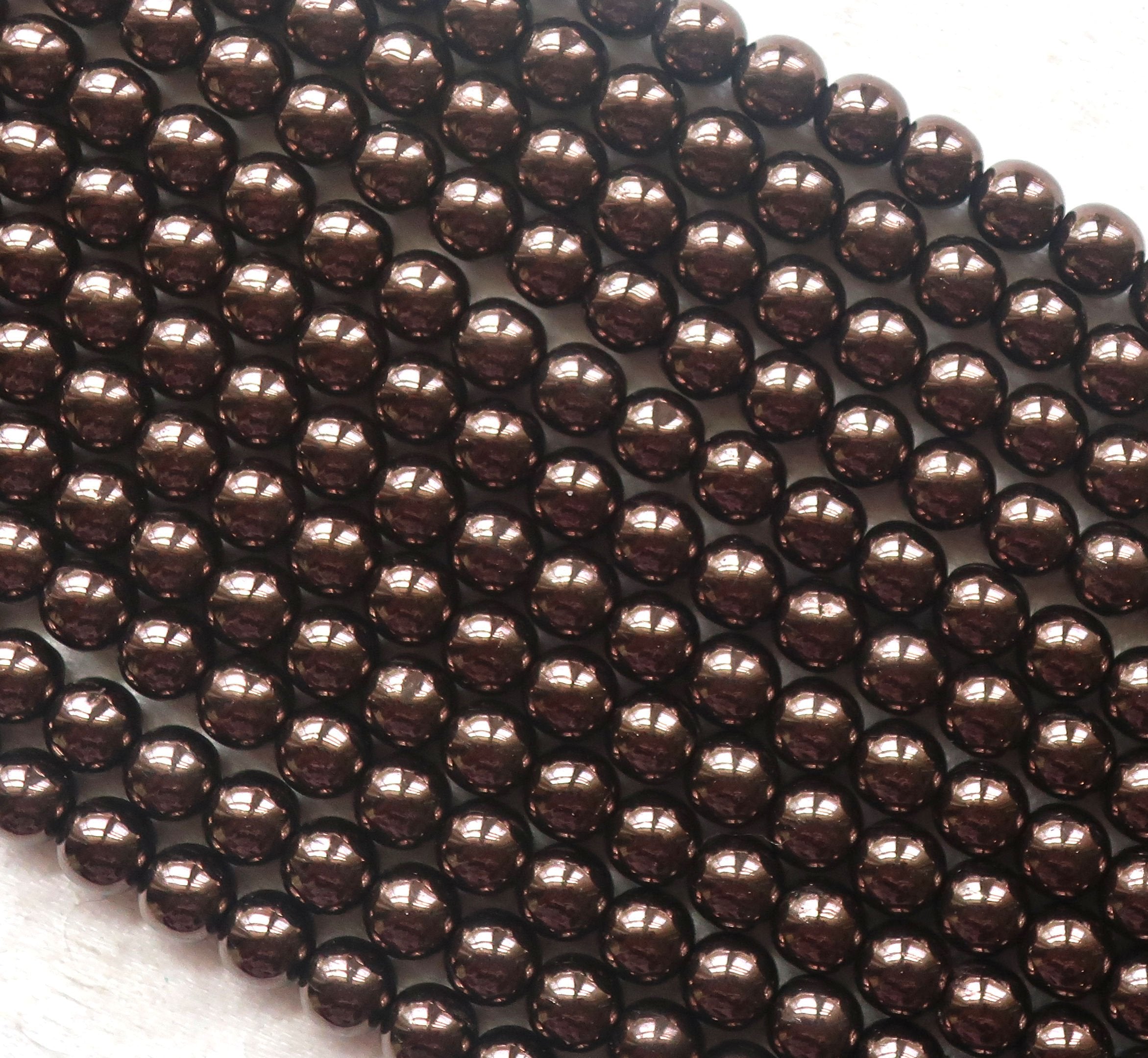 Lot of fifty 6mm Czech glass druks, Metallic Dark Chocolate Bronze smooth round Czech glass druk beads C92101 - Glorious Glass Beads