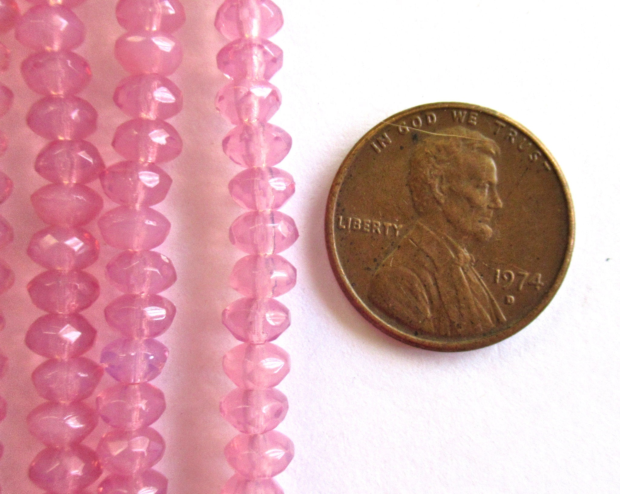 38 small faceted Czech glass puffy rondelle spacer beads - 3mm x 5mm milky pink Czech glass C0079