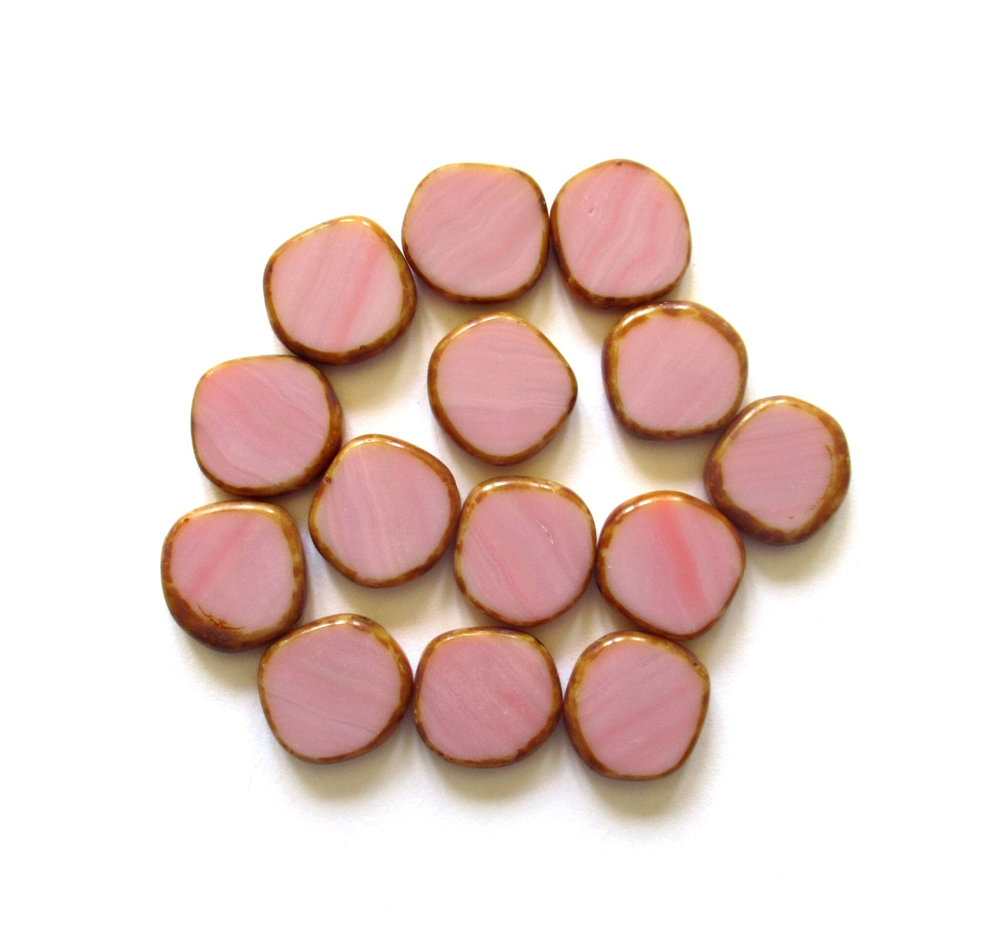 Six 15mm Czech glass asymmetrical coin or disc beads - opaque pink silk picasso table cut beads - C00531