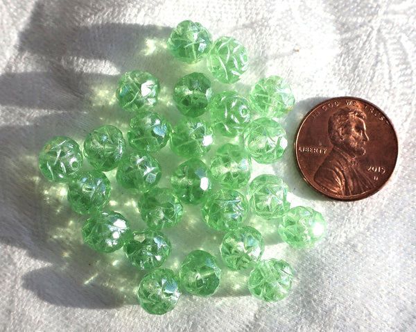 Twelve Luster Peridot Green 7 x 8mm Rosebud beads, faceted, firepolished, antique cut, Czech glass beads C2701 - Glorious Glass Beads