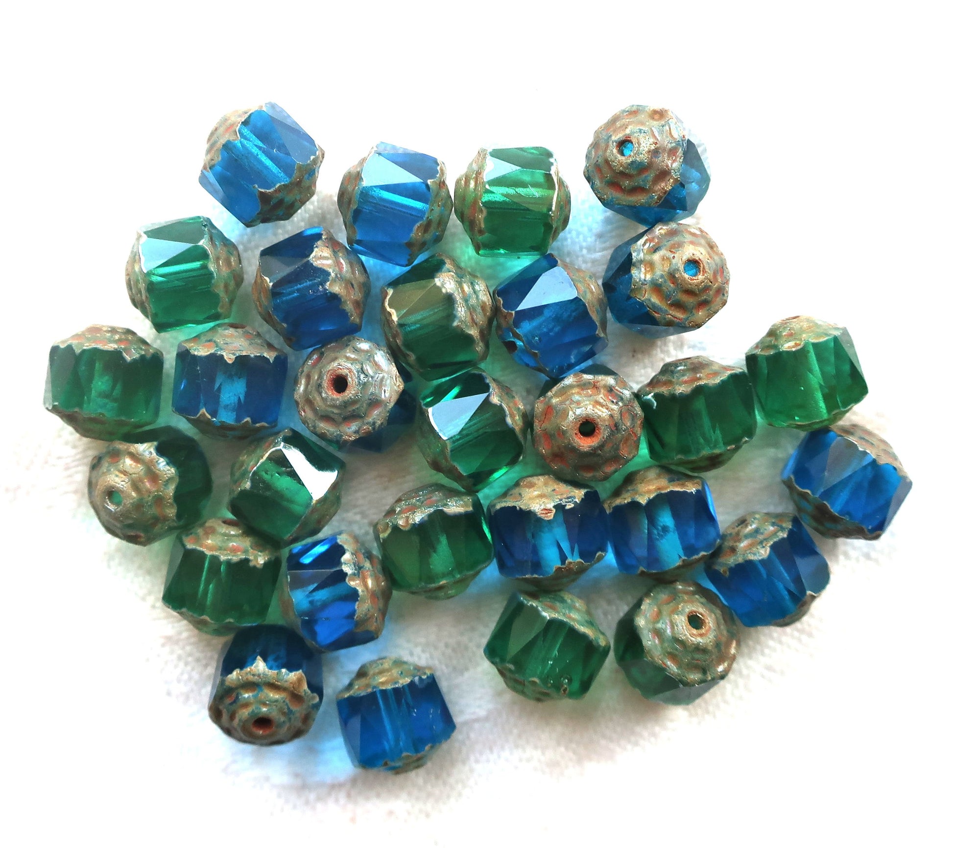 Lot of 10 Czech glass crown picasso beads, 8mm, aqua blue & peridot green mix, faceted, firepolished, antique cut beads C52101 - Glorious Glass Beads