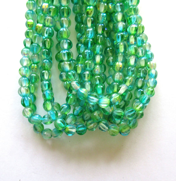 Lot of 25 6mm Czech glass melon beads - transparent blue green with an ab finish - pressed glass beads C0048