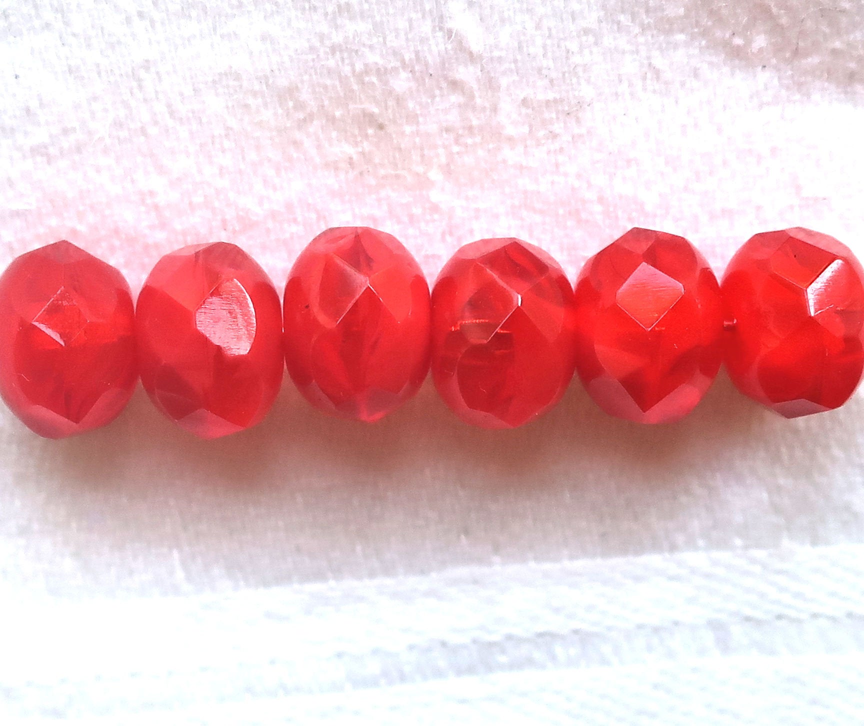 25 faceted red Czech glass puffy rondelle beads, opaque and translucent bright red marbled rondelles, sale price 03101 - Glorious Glass Beads
