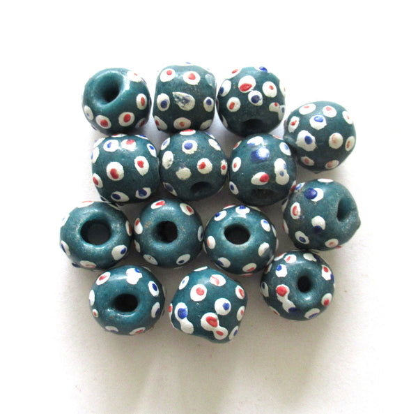 Lot of 8 African Ghana Krobo round glass evil eye beads - green beads with color mix dots - 11-12mm - big hole rustic earthy beads - C0039
