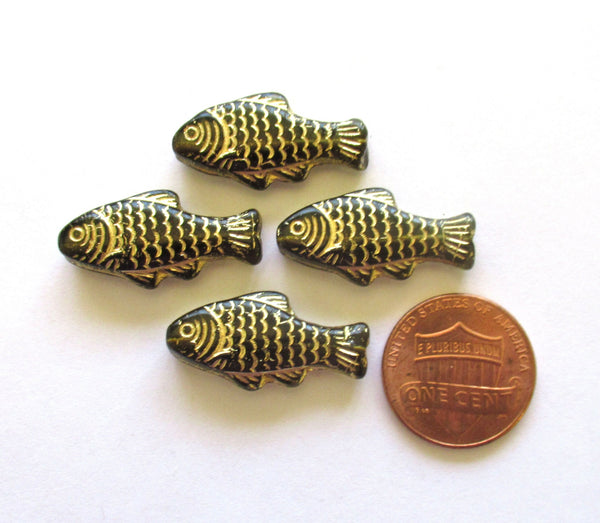 lot of 4 large Czech glass fish beads - 25 x 14mm transparent smoky quartz or gray fish with a gold wash - C0057
