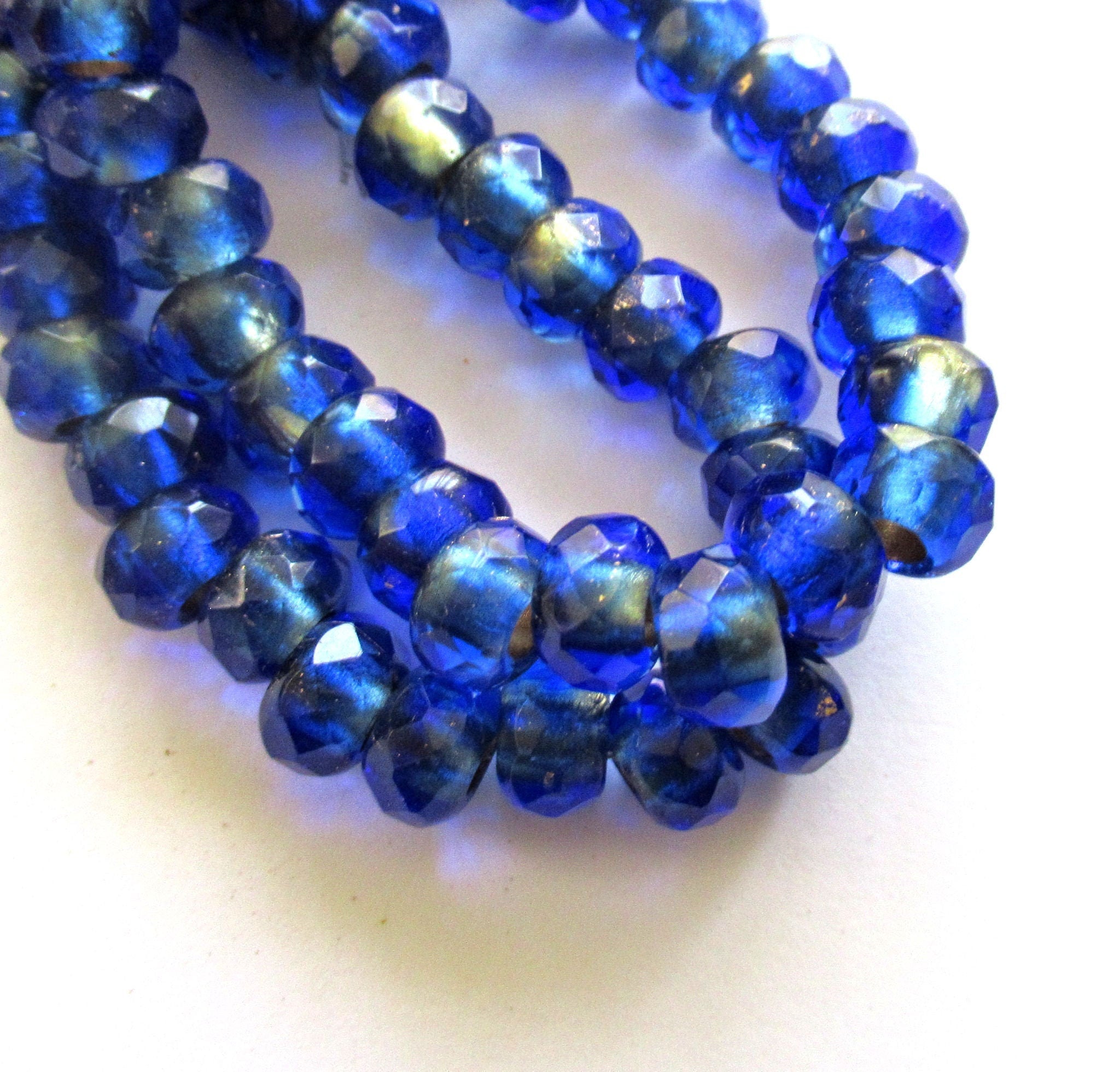 Ten Czech glass roller beads - 6 x 9mm sapphire blue gold lined, faceted roller, rondelle, big 3.5mm hole beads C00621