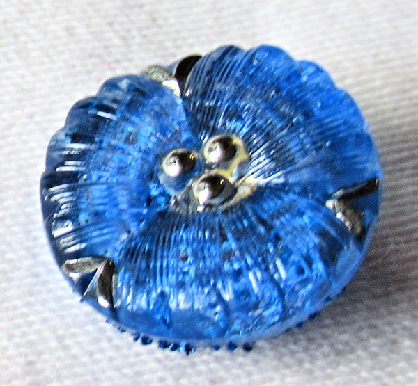 One 18mm Czech glass flower button -sapphire blue flower with silver accents - decorative floral shank buttons 08101