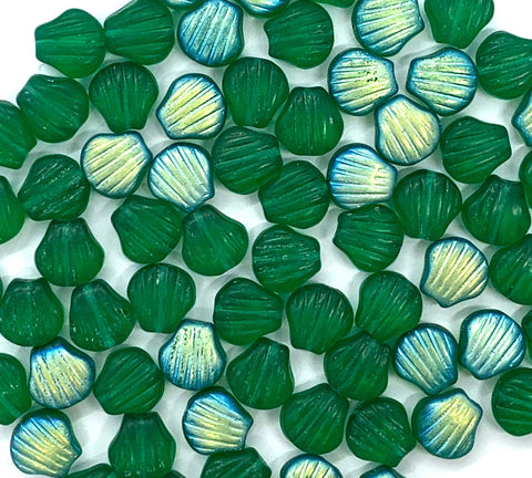 Twenty Czech glass seashell, fan or clam beads -8mm matte emerald green shell beads AB - C0058