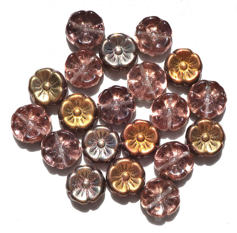 Lot of 20 12mm pink, apricot & taupe iridescent metallic Czech glass flower beads, pressed glass Hawaiian flowers, C06101 - Glorious Glass Beads
