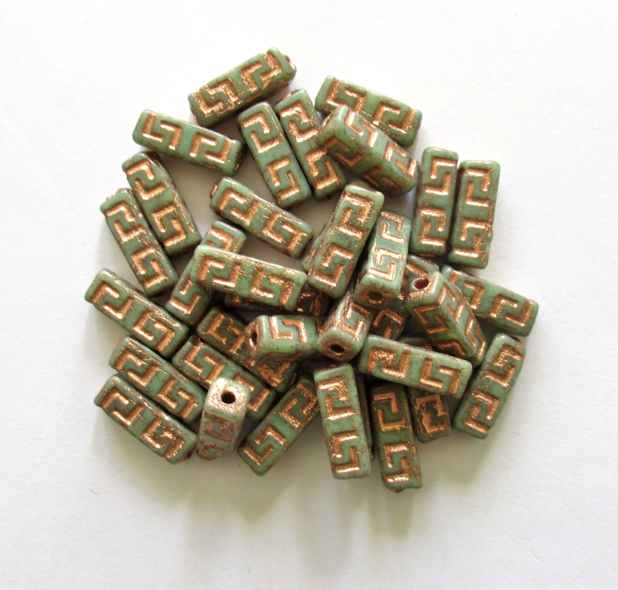 12 Czech glass beads - squared tube beads - Celtic block beads - moss green with a copper wash - 15 x 5mm C00001