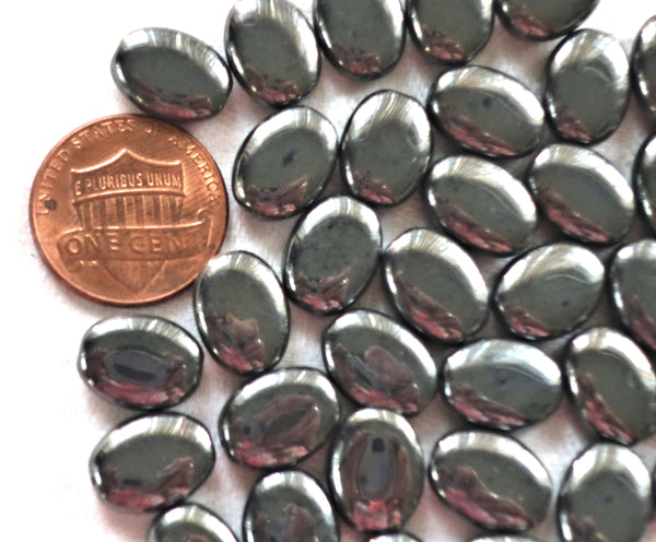 25 metallic gray hematite flat oval Czech Glass beads, 12mm x 9mm pressed glass beads C8125 - Glorious Glass Beads