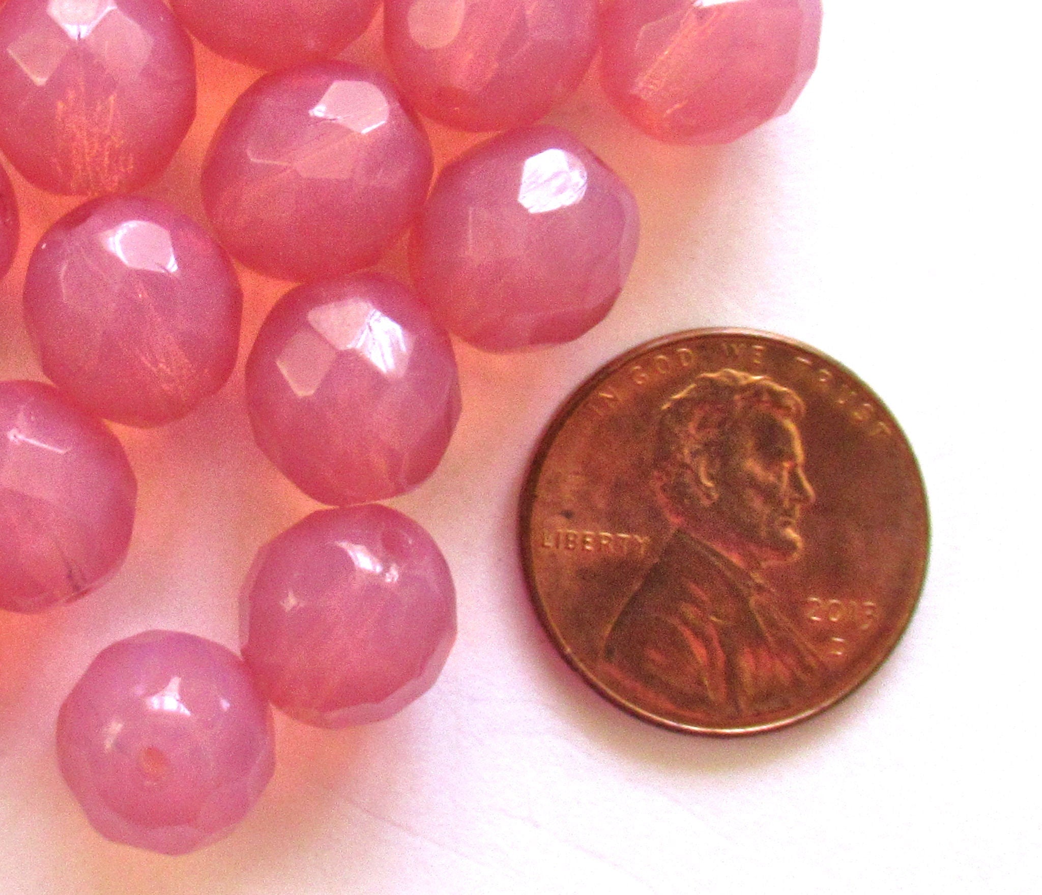 Twenty 10mm Czech glass beads - faceted fire polished rose opal milky pink round beads C00531