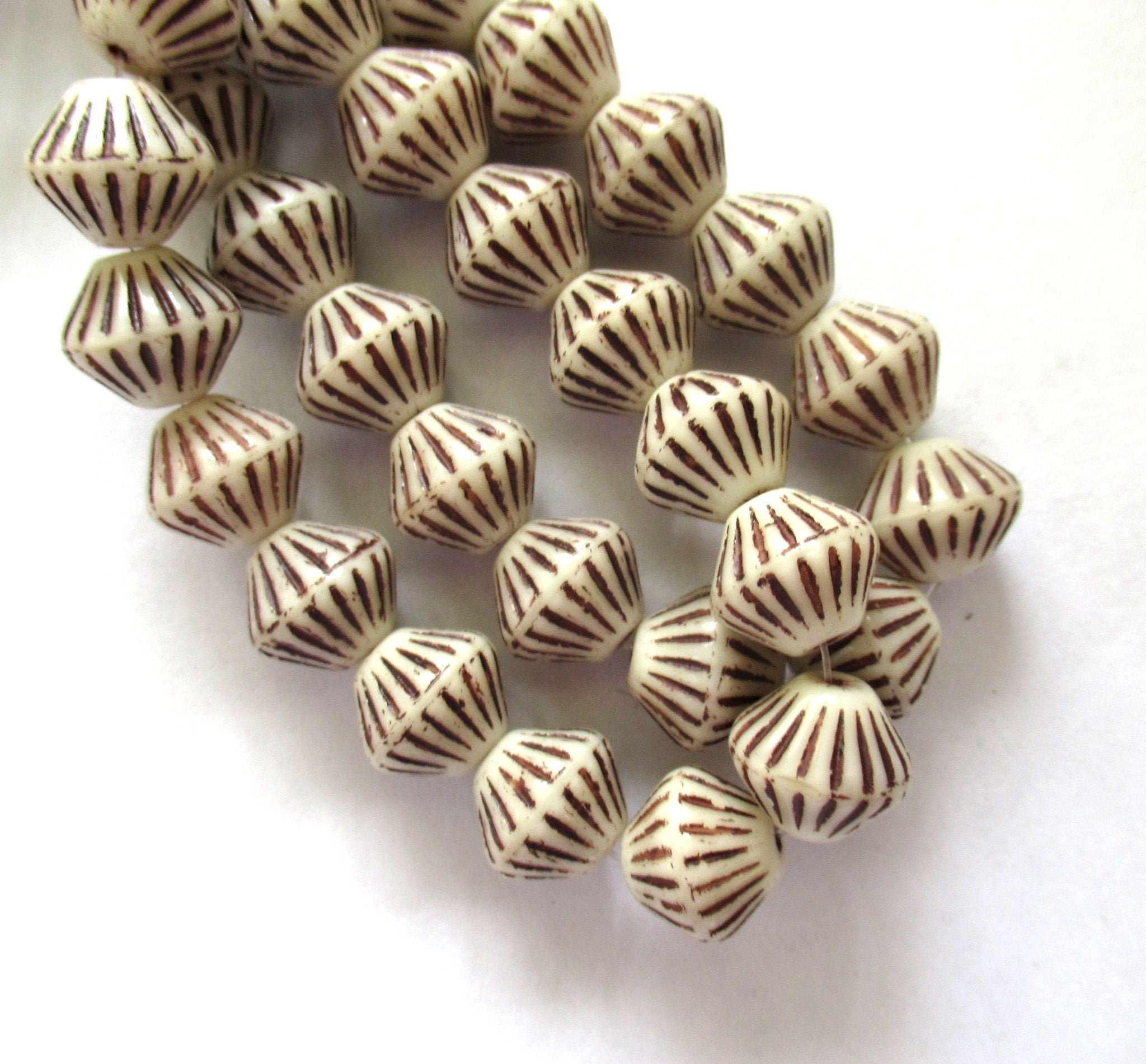 Five Czech glass bicones - 11mm x 10mm - opaque off white with brown accents carved, chunky, rustic bicone beads C0036