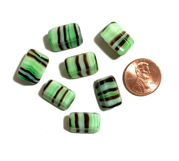 Six Czech glass rectangle beads - 16 x 12mm green, brown, and white striped - 4-sided diamond shaped large, chunky rectangle beads C0005