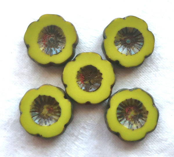 Five 14mm Czech glass beads; Hawaiian Flower beads, table cut, carved, opaque bright avocado, chartreuse green picasso floral beads C00101 - Glorious Glass Beads