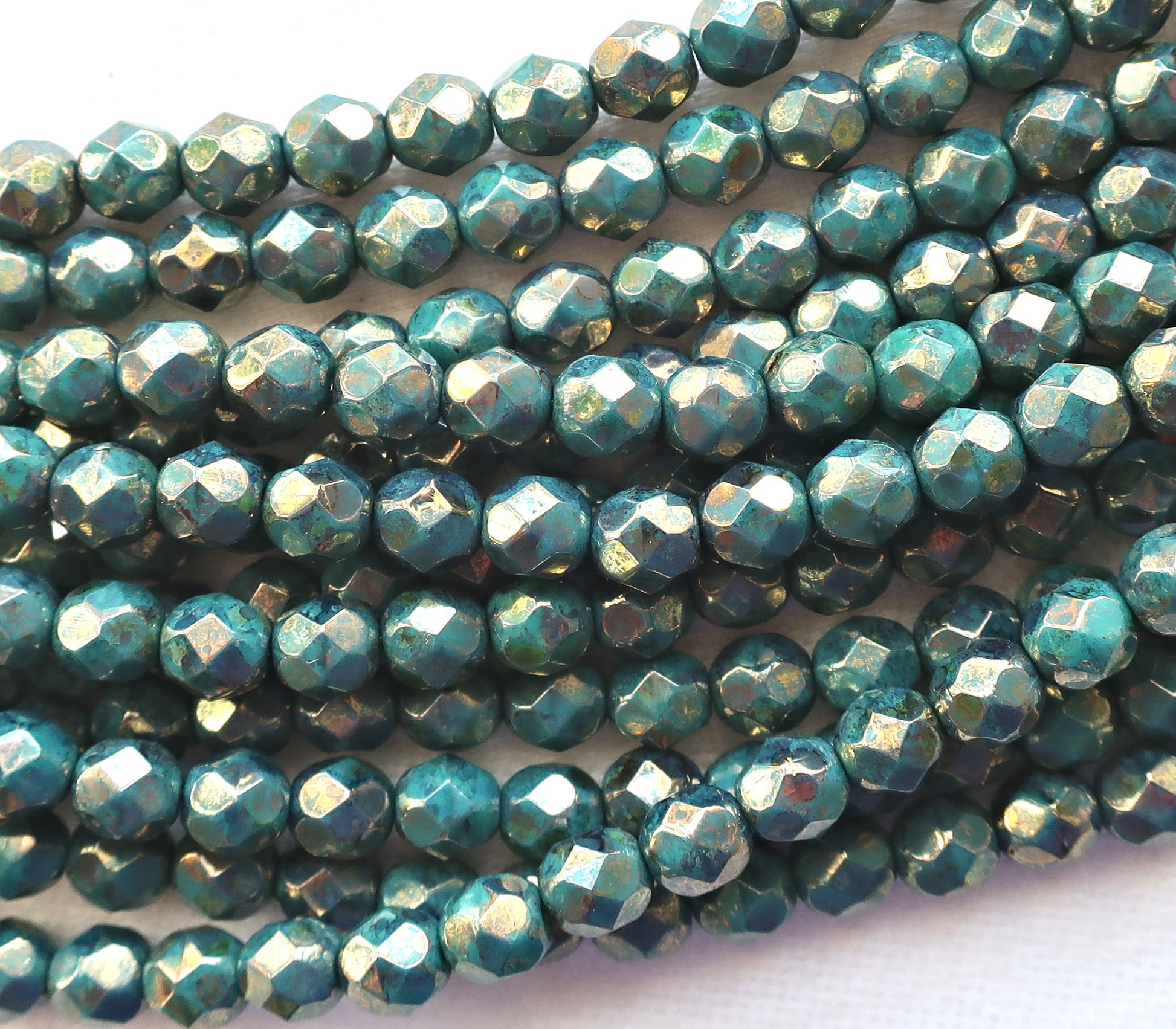 25 6mm Persian Turquoise Bronze Picasso Czech glass beads, firepolished, faceted round beads, C4825 - Glorious Glass Beads