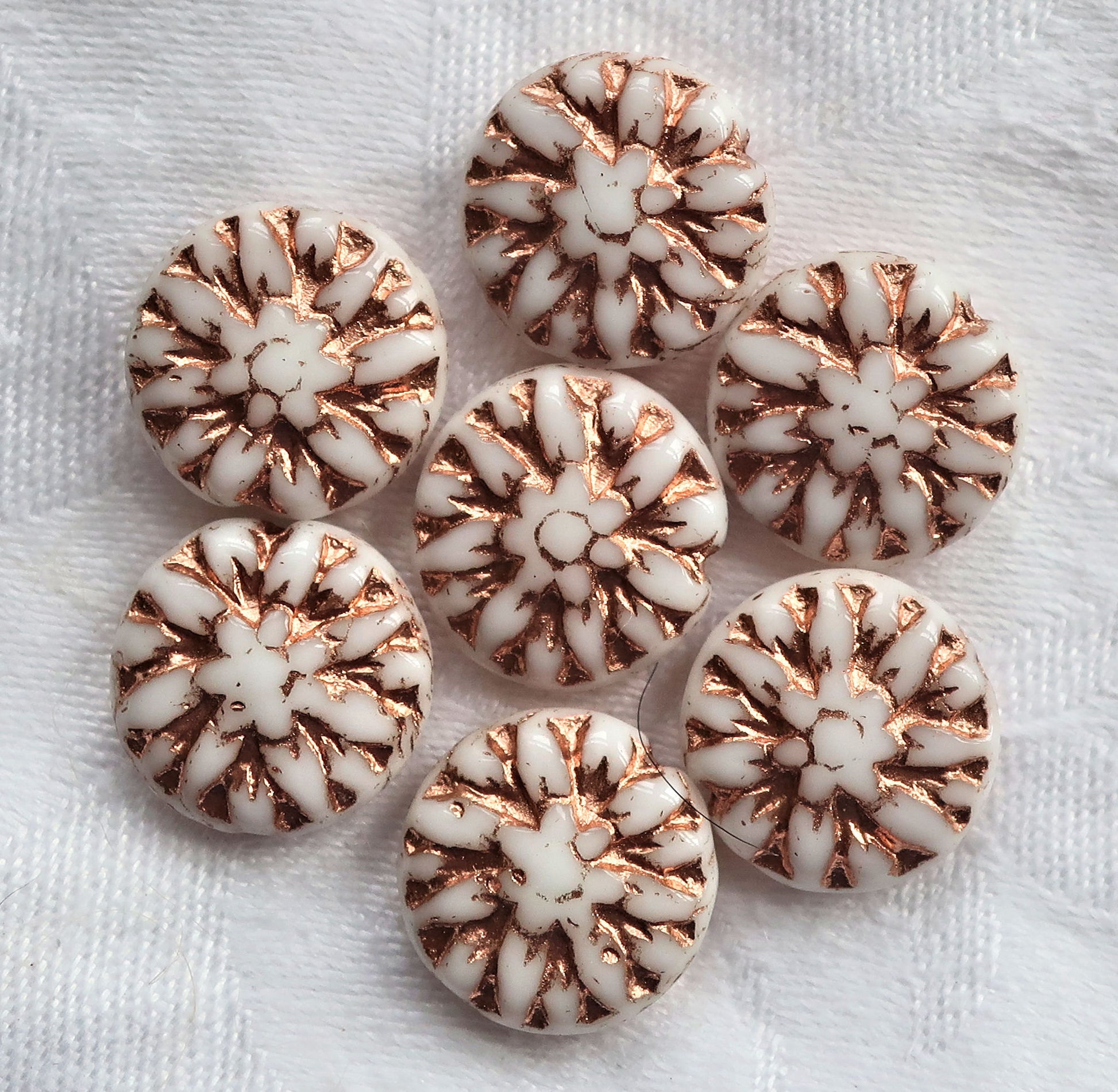 Five Czech glass Dahlia flower beads, opaque white with a copper wash - 14mm floral disc or coin beads C00105 - Glorious Glass Beads