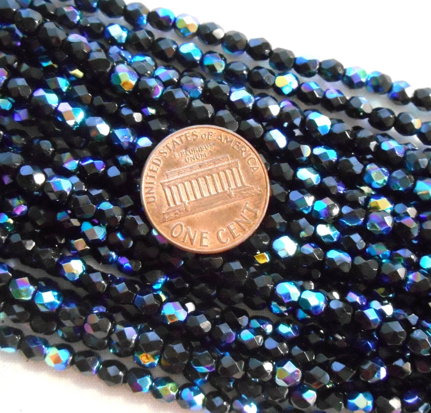 50 4mm Czech Jet Black AB glass beads, round faceted fire polished beads, C5450