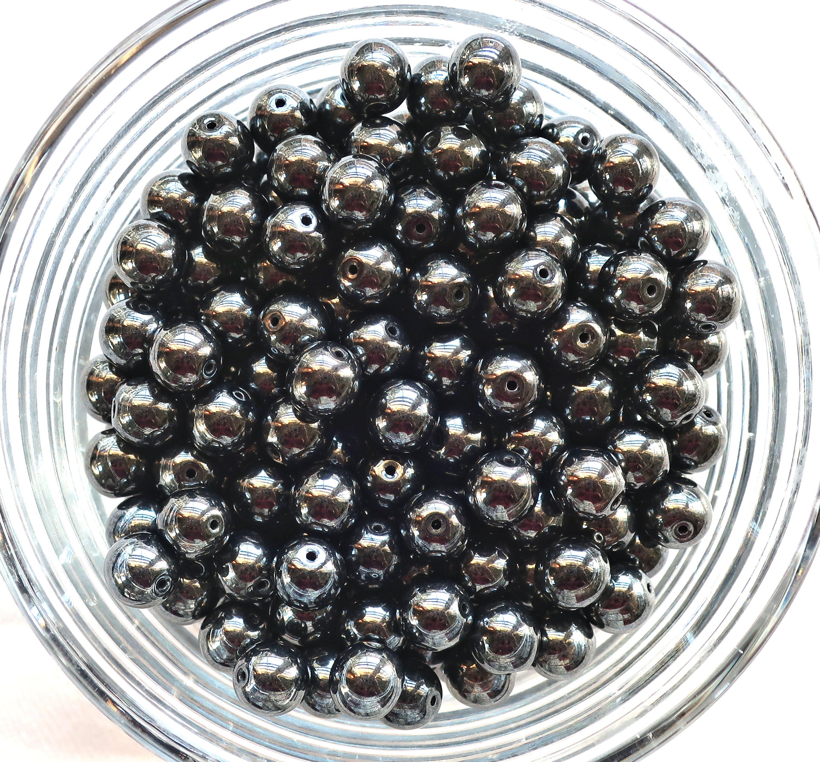 Lot of 25 8mm Chech glass druks, smooth round Hematite druk beads, C9625 - Glorious Glass Beads