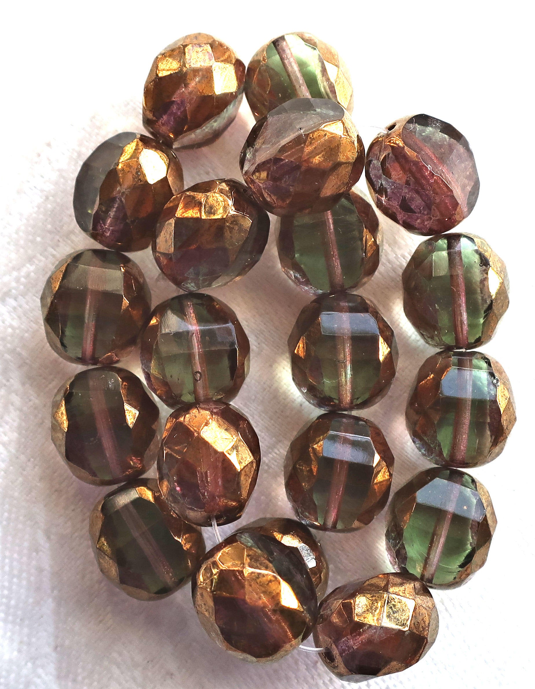 Five large chunky Olivine, Green & Purple, Czech glass beads, 12 x 13mm, firepolished, faceted, two way table cut, bronze finish C03301 - Glorious Glass Beads