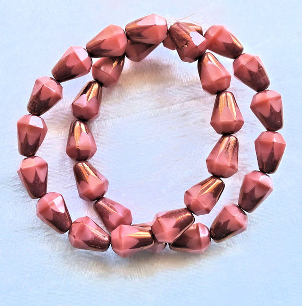 Lot of 15 8 x 6mm Czech glass teardrop beads - opaque silky pink & bronze - special cut, faceted, firepolished beads C07101