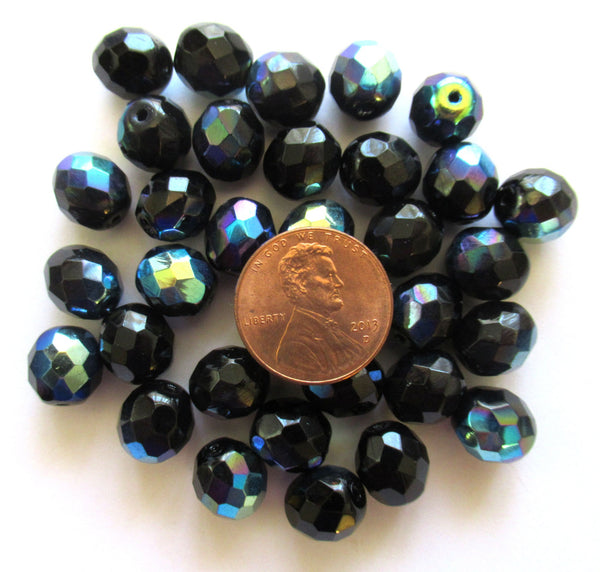 Twenty Czech glass fire polished faceted round beads - 10mm jet black AB beads C0087