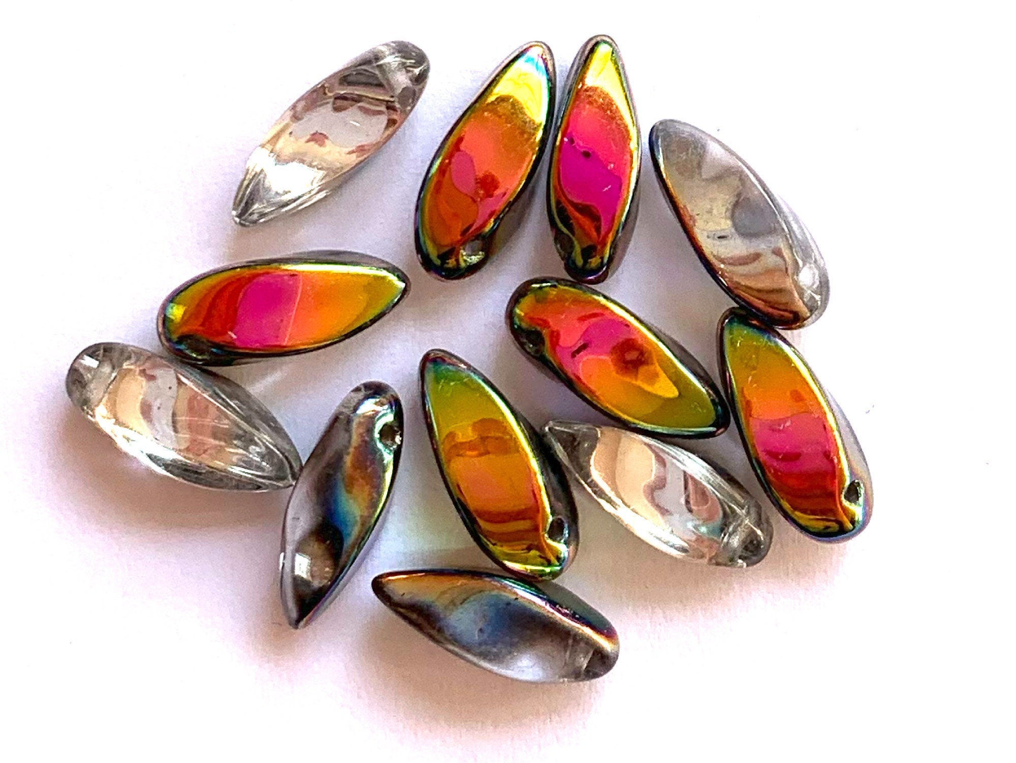 20 Czech glass twisted teardrop, petal or dagger beads - top drilled 6 x 12mm crystal vitrail pressed glass beads C0821