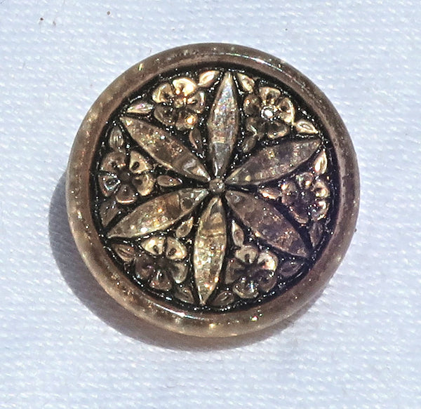 One 18mm Czech glass button, crystal, black and gold star flower button, decorative shank buttons 52201