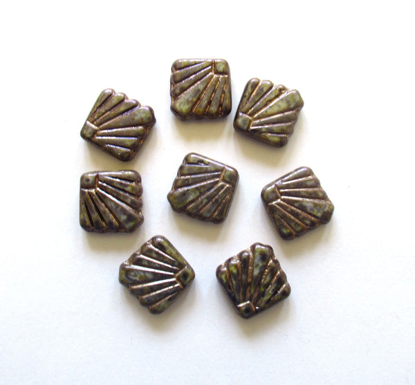 8 Czech glass square fan beads - 17 x 17mm - opaque purple beads with a splotchy rustic finish - C0089