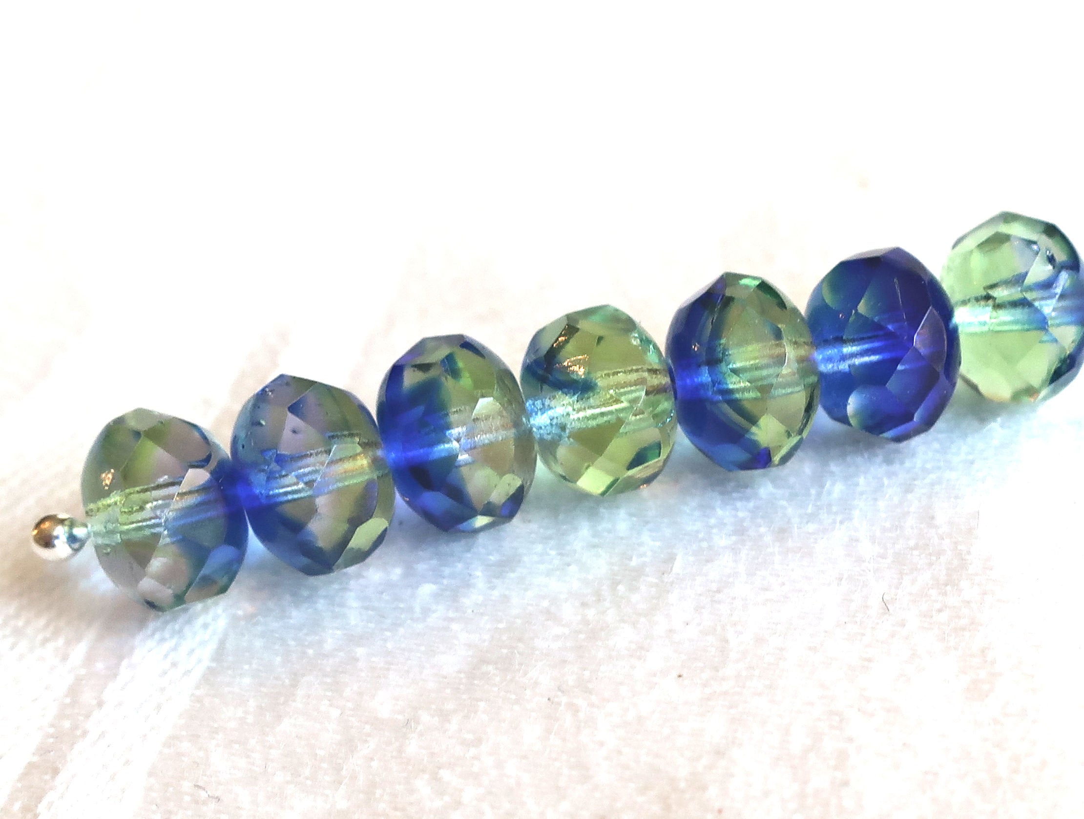 25 faceted Czech glass puffy rondelle beads, 8 x 6mm transparent mint green and sapphire blue mix, rondelles on sale 0901 - Glorious Glass Beads