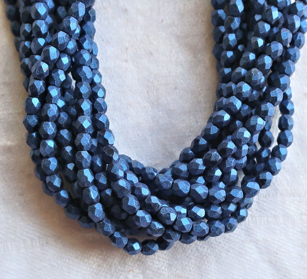 Lot of 50 3mm matte metallic suede blue Czech glass beads - faceted firepolished round beads C4601