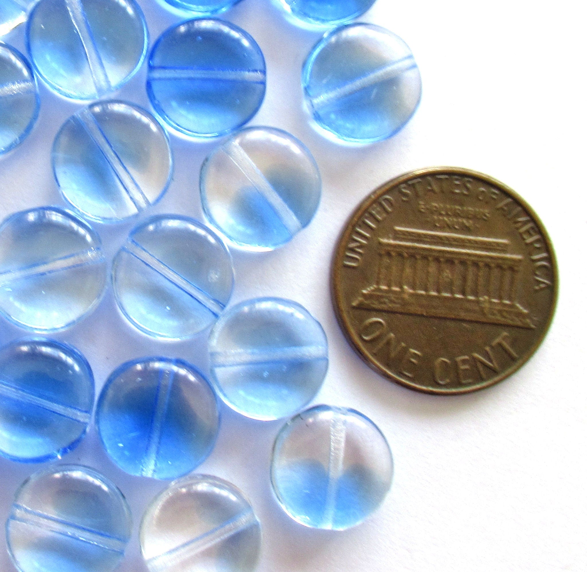 20 Czech glass coin beads - 10mm sapphire blue & crystal disc beads C0055