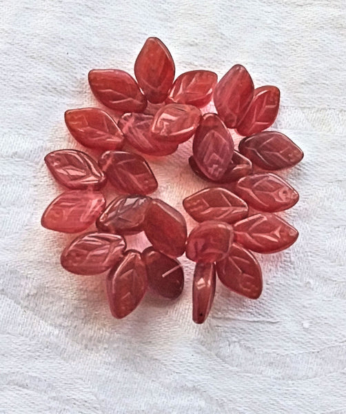 Lot of 25 Czech glass leaf beads -translucent pink carnelian mix - 12 x 8mm side drilled beads C72101