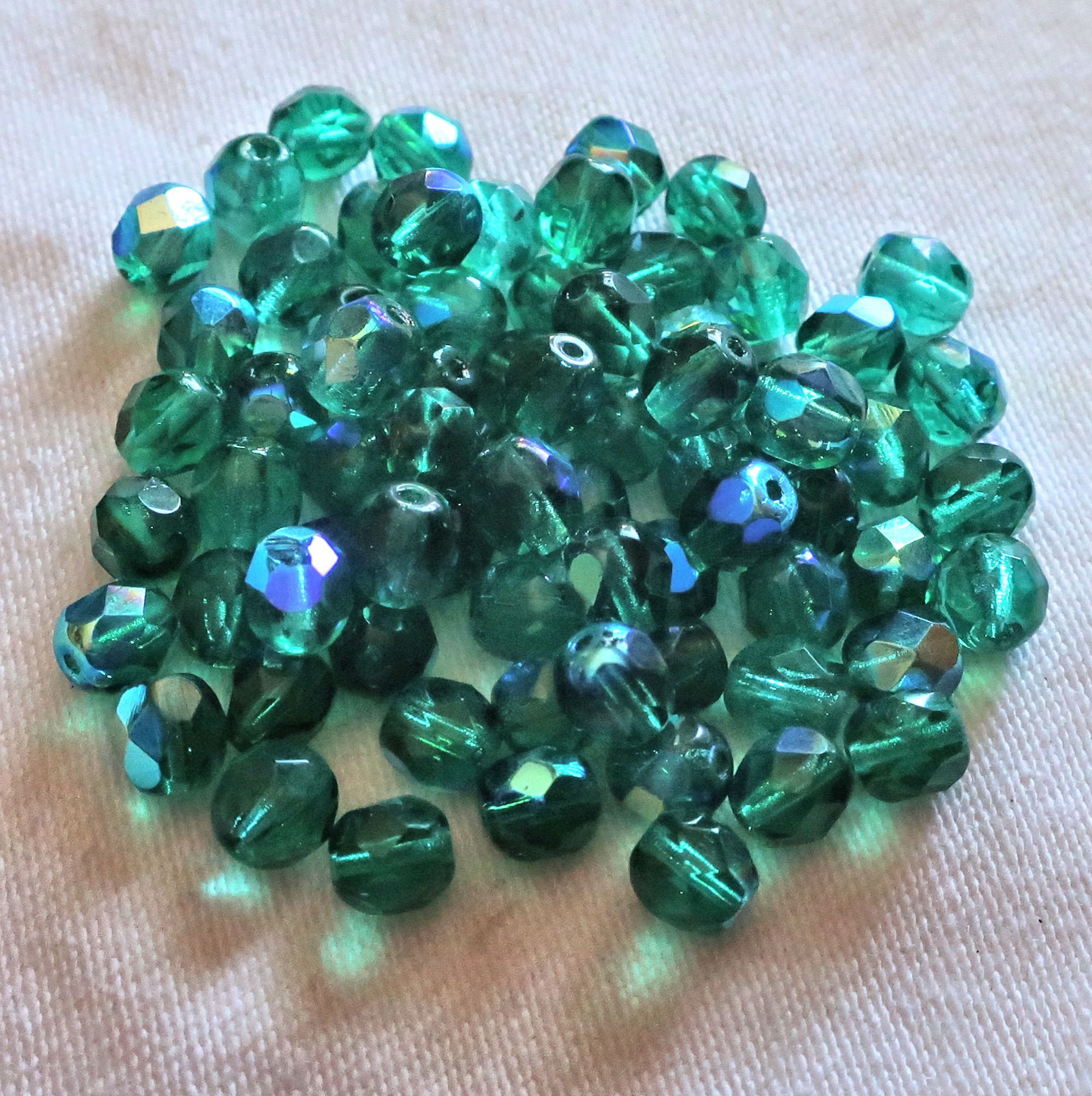 Lot of 25 viridian, teal blue green AB Czech glass beads - 6mm fire polished, faceted round beads C7425
