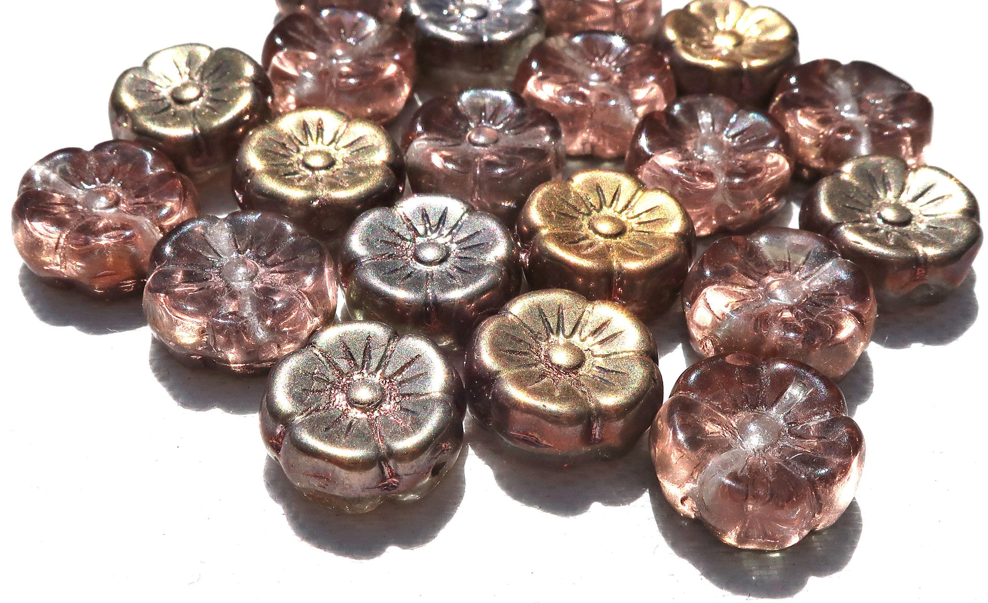 Lot of 20 12mm pink, apricot & taupe iridescent metallic Czech glass flower beads, pressed glass Hawaiian flowers, C06101 - Glorious Glass Beads