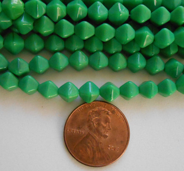 50 6mm Opaque Green bicone pressed glass Czech beads, C8650