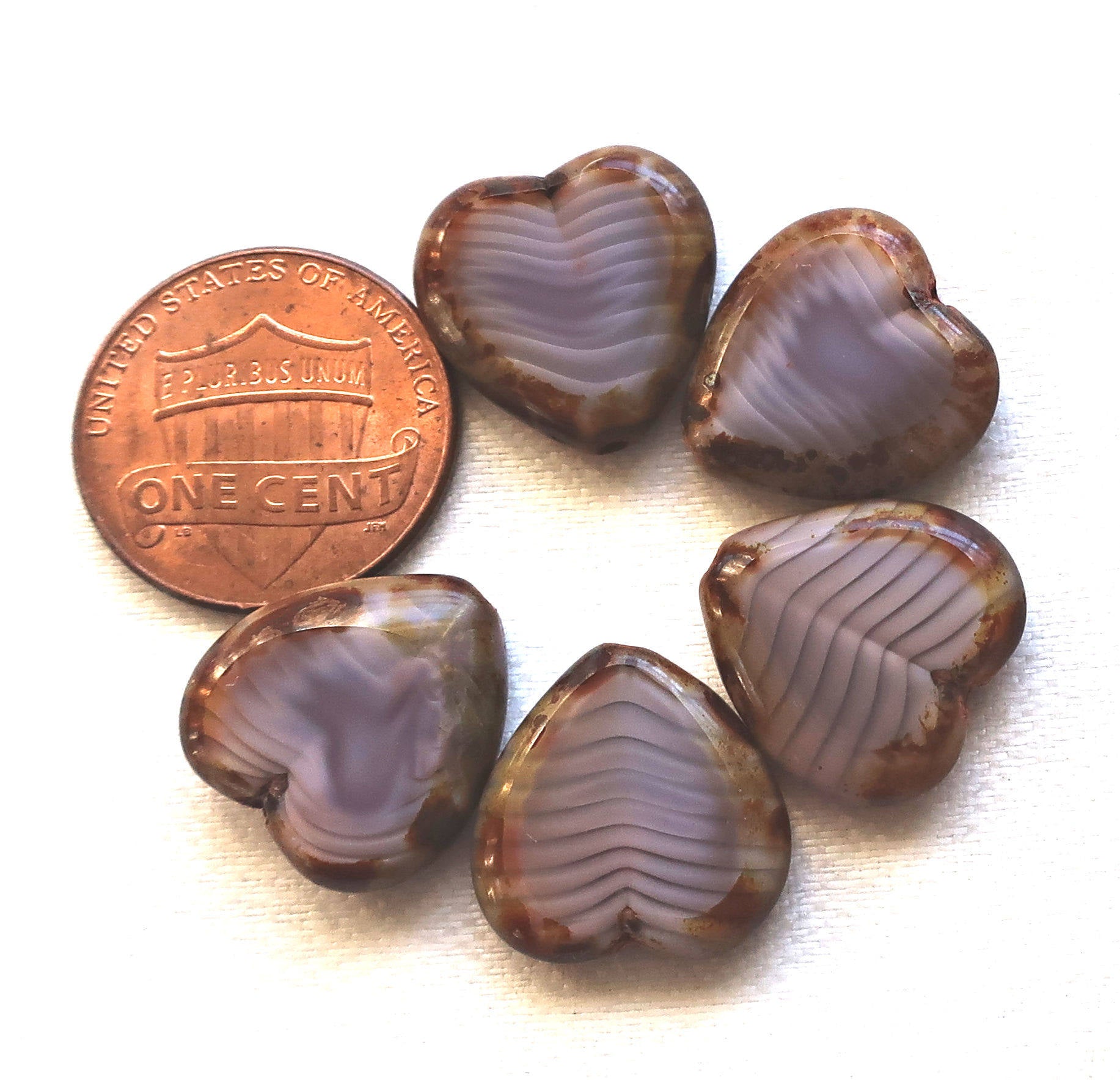 Six Czech glass heart beads; 16mm table cut, marbled silk, satin opaque purple, amethyst hearts with a picasso finish C6906 - Glorious Glass Beads