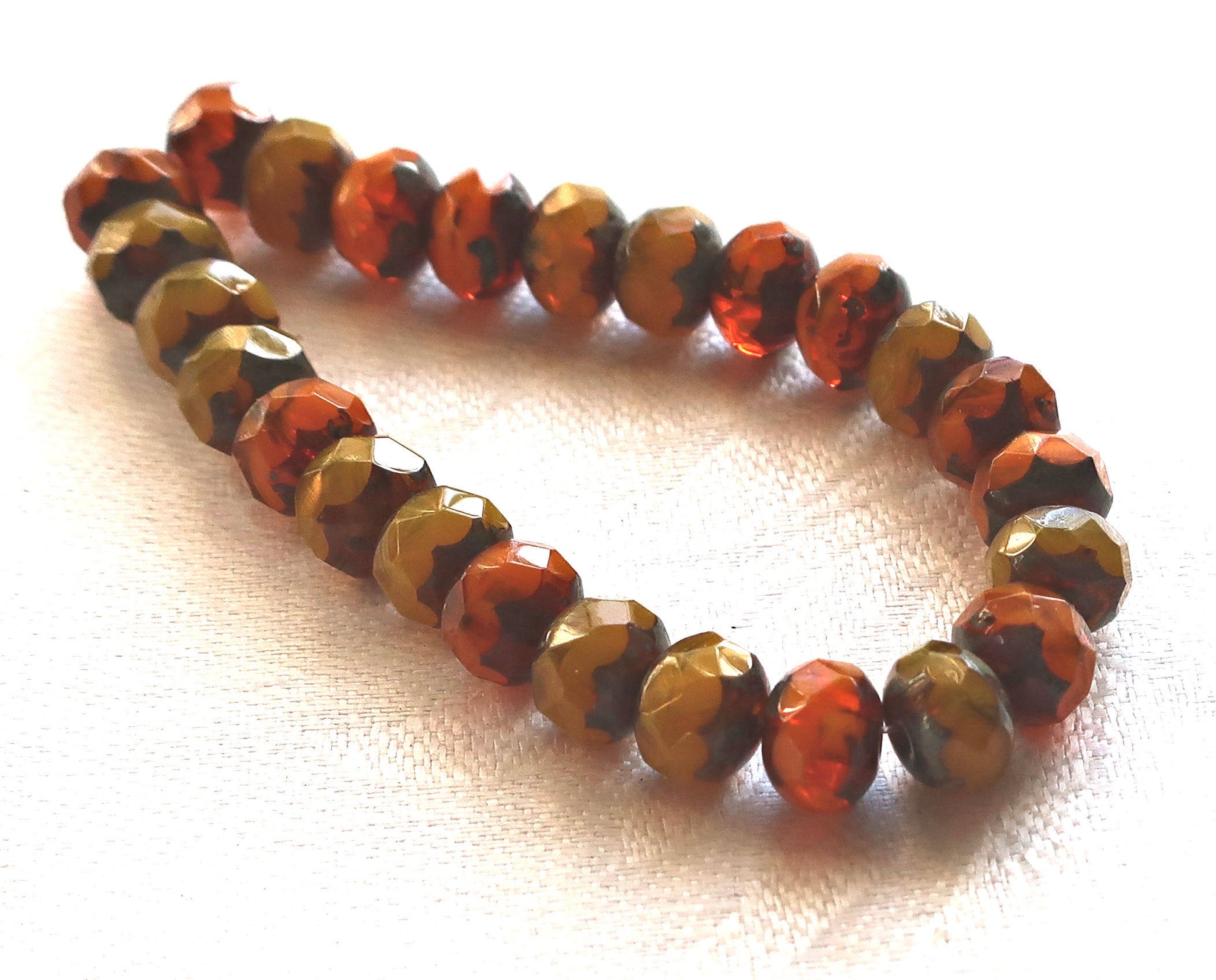 lot of 25 Czech glass faceted puffy rondelle beads, Translucent Orange and Yellow Opal Picasso mix. 6 x 8mm rustic, earthy, rondelles 02301 - Glorious Glass Beads