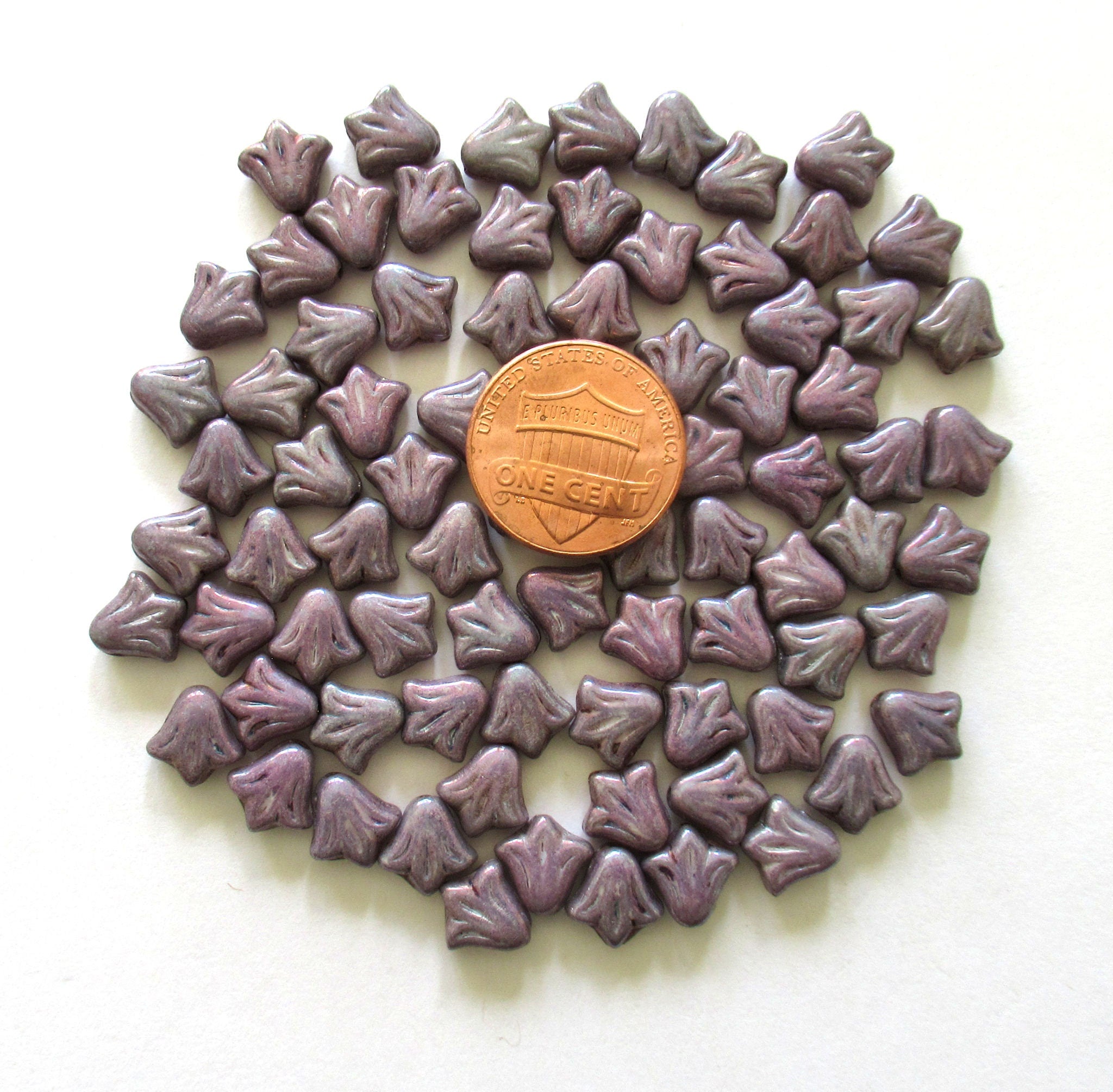 Lot of 25 9mm Czech glass flower beads - opaque purple amethyst pressed glass lily flower beads C0047