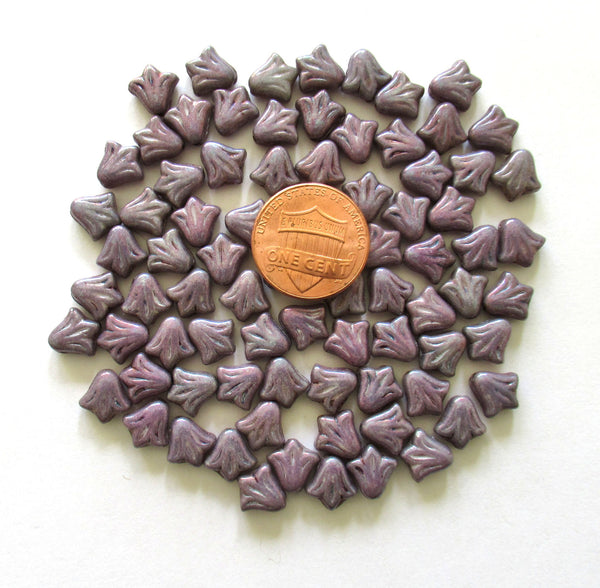 Lot of 25 8.5mm Czech glass flower beads - opaque purple amethyst pressed glass lily flower beads C0047